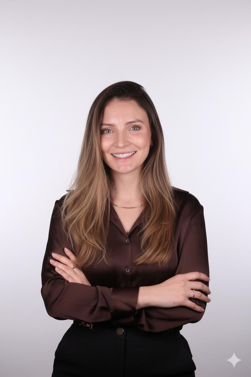 Pessoa com cabelo castanho ondulado e longo, vestindo camisa branca e calça preta, em pé contra fundo cinza neutro, com pose formal e expressão serena.